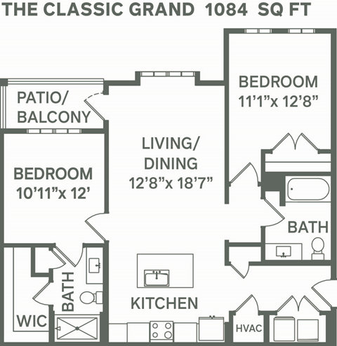 Floor plan for 2 beds, 2 baths, 1084 sqft